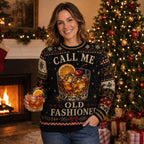 woman wearing call me old fashioned ugly christmas sweater by a lit