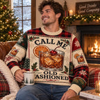man wearing a call me old fashioned ugly christmas sweater by a
