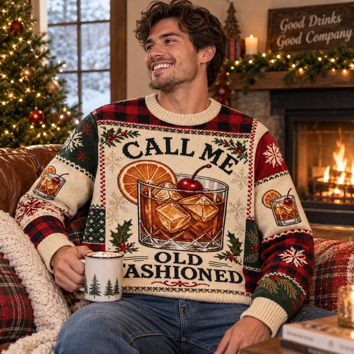 man wearing a call me old fashioned ugly christmas sweater by a