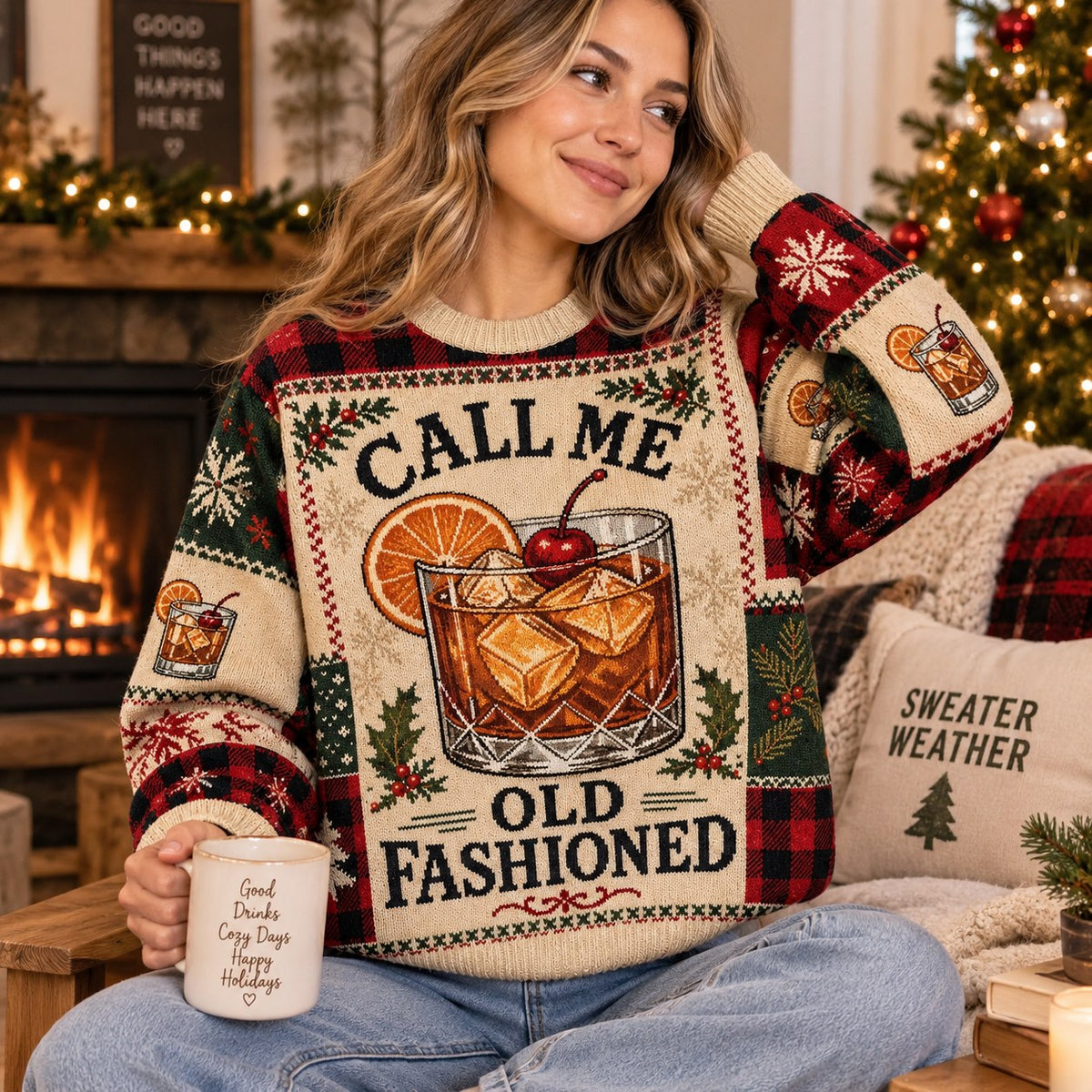 woman in a call me old fashioned christmas cocktail sweater sitting by