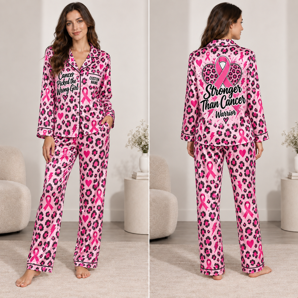 woman modeling a pink leopard breast cancer awareness satin pajama set