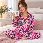 back view of satin pajama set with stronger than cancer warrior ribbon