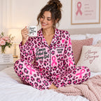 woman wearing pink leopard satin pajamas drinking stronger than yesterday mug