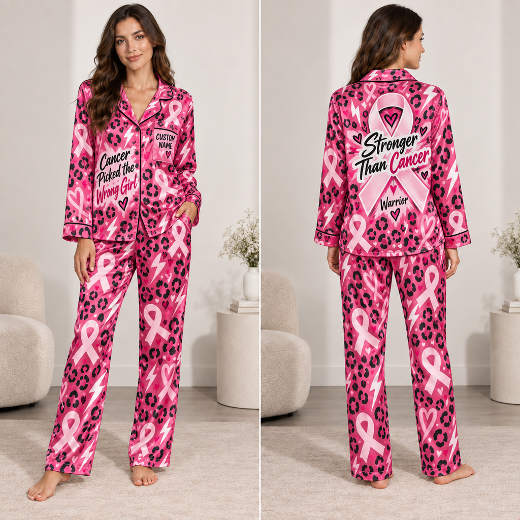 model wearing pink ribbon breast cancer awareness satin pajamas front view