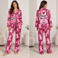 model wearing pink ribbon breast cancer awareness satin pajamas front view