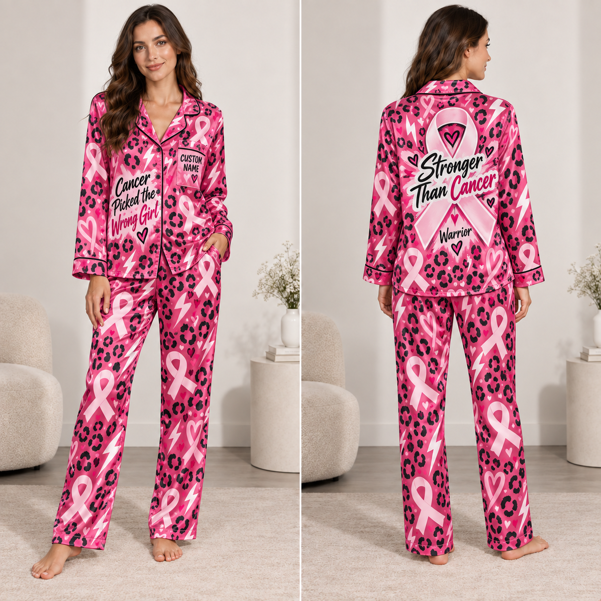 model wearing pink ribbon breast cancer awareness satin pajamas front view