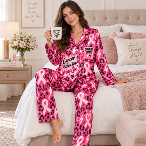 back view of cancer warrior pink ribbon satin pajama set with leopard