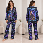 satin pajama set model showing the front with a dungeon crawler portrait