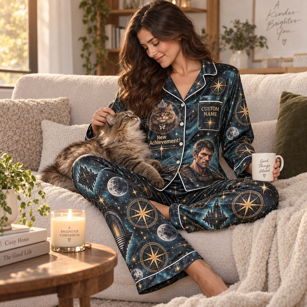 satin pajamas lifestyle shot with the dungeon crawler character reading