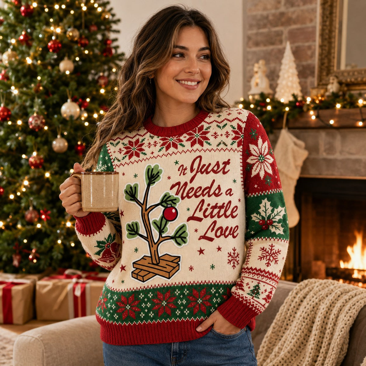 woman wearing a charlie brown ugly christmas sweater with the little tree