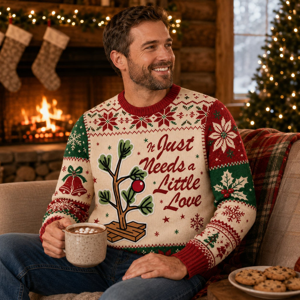 man relaxing by a fireplace in a peanuts ugly christmas sweater holding