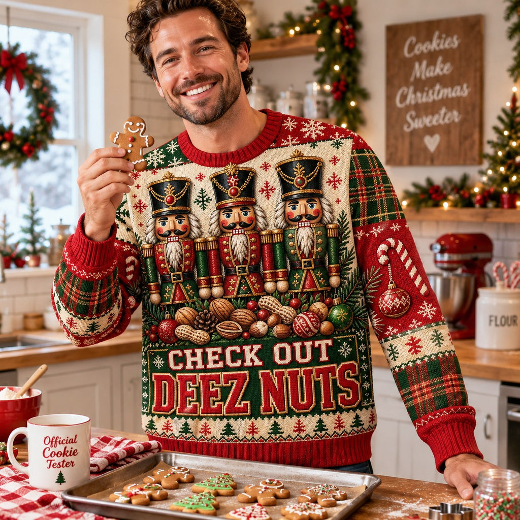 man in a kitchen holding a gingerbread cookie while wearing a plaid