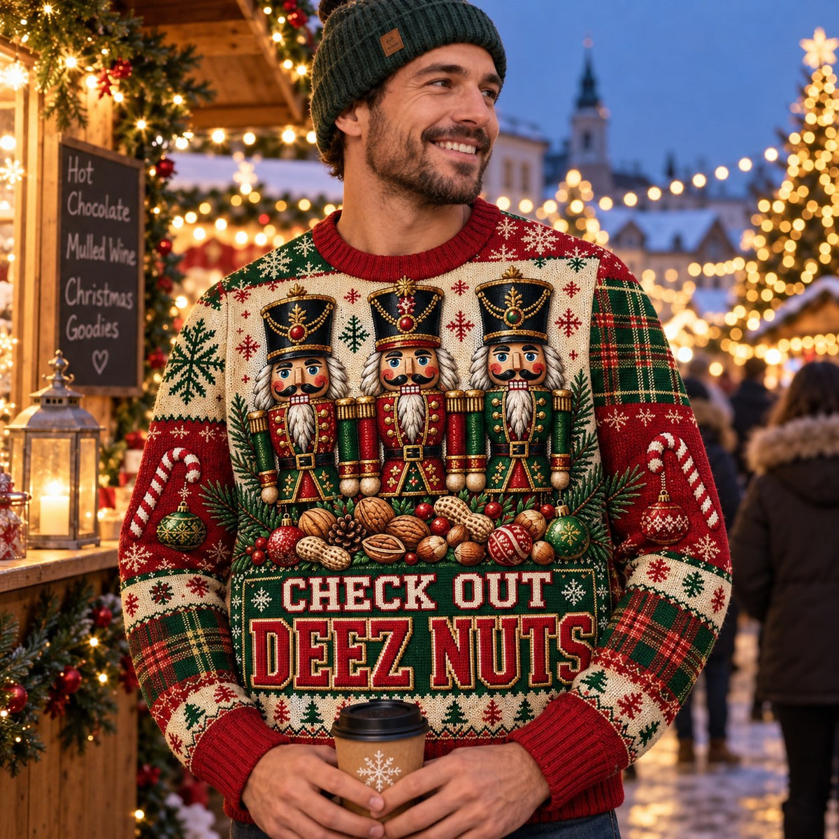 man in a green beanie at a snowy christmas market wearing a