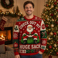 a man wearing a red ugly christmas sweater with santa claus and