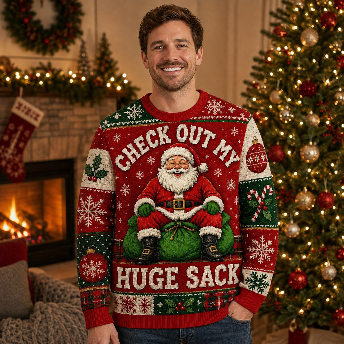 a man wearing a red ugly christmas sweater with santa claus and