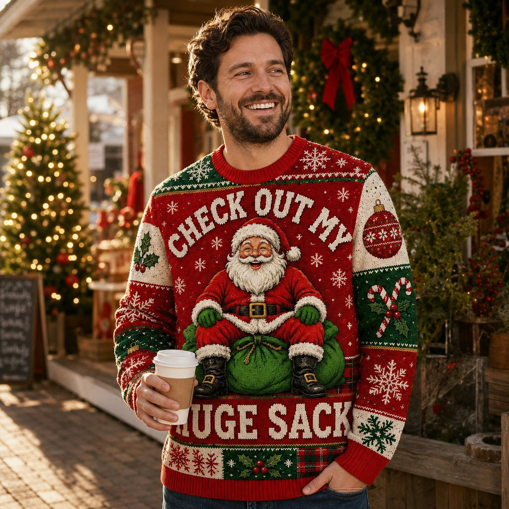 a man smiling in a red and green funny holiday sweater with