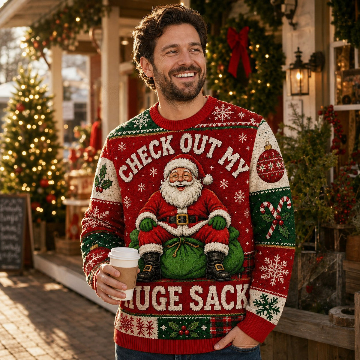 a man smiling in a red and green funny holiday sweater with