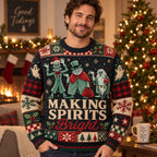 man modeling an all over print ugly christmas sweater with christmas carol