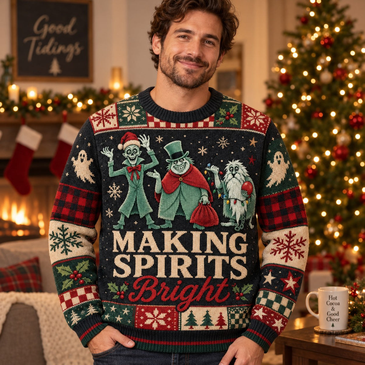 man modeling an all over print ugly christmas sweater with christmas carol