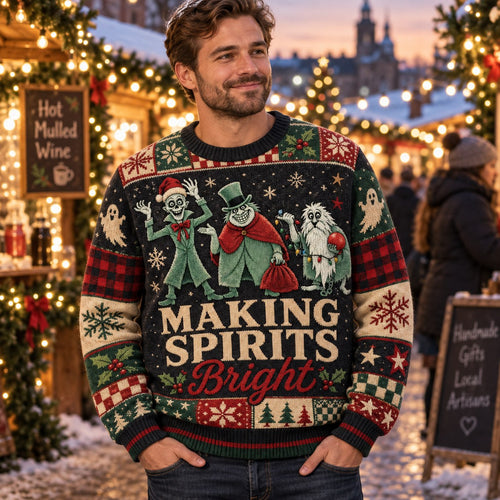 a christmas carol ugly christmas sweater shown at a snowy holiday market