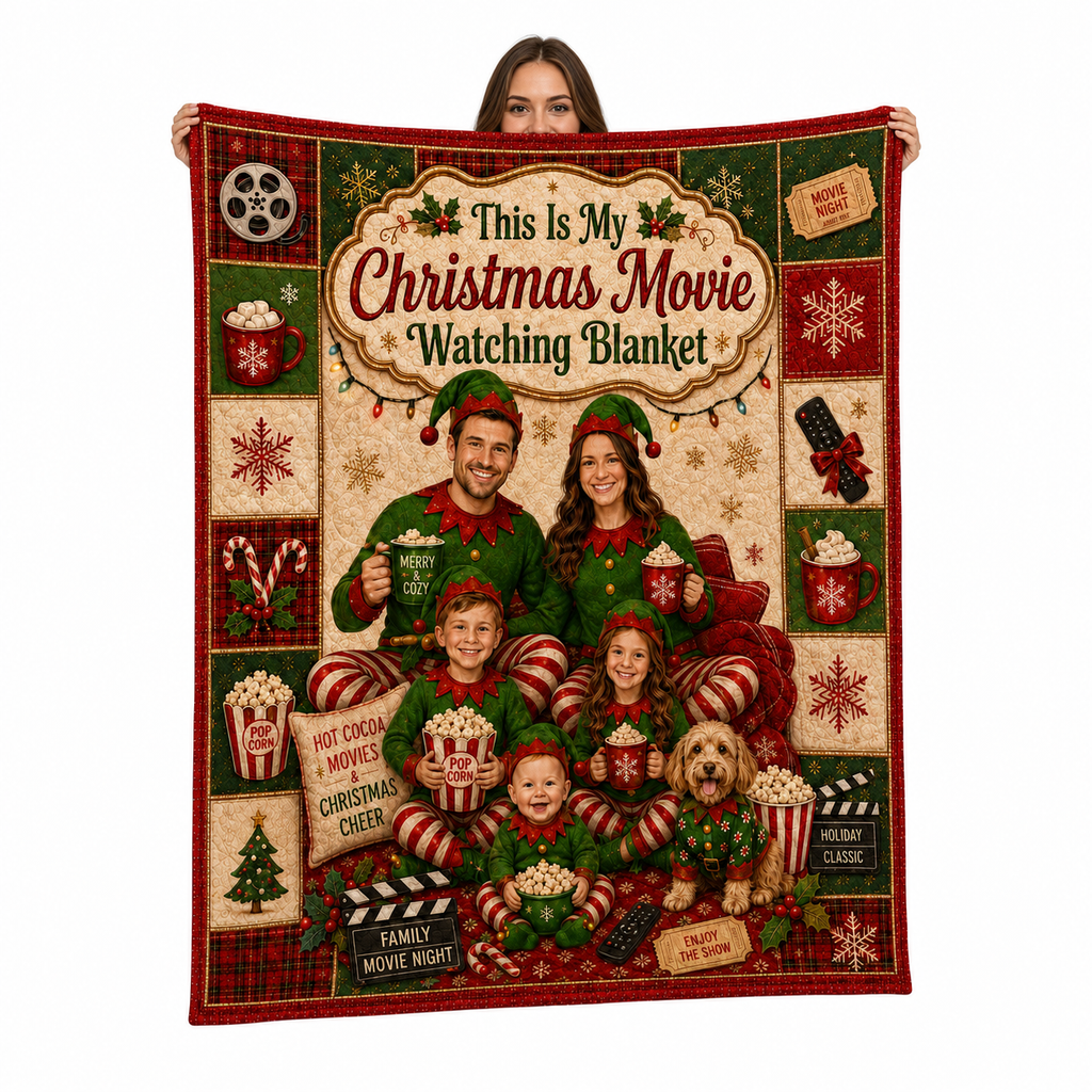 family in elf pajamas christmas movie watching blanket held up against