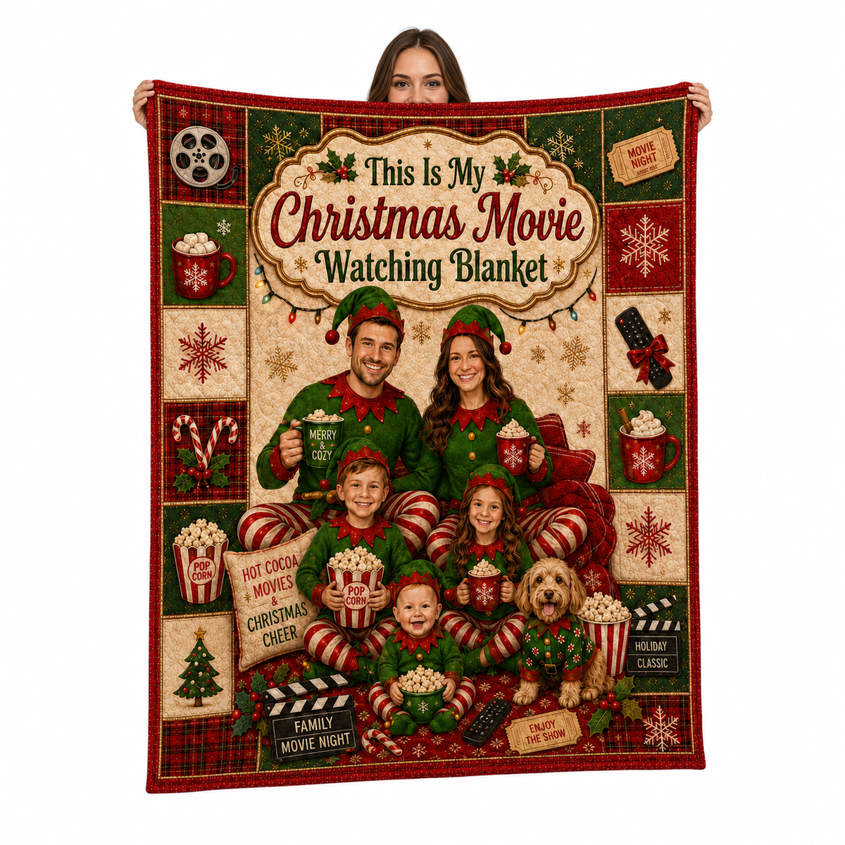 family in elf pajamas christmas movie watching blanket held up against
