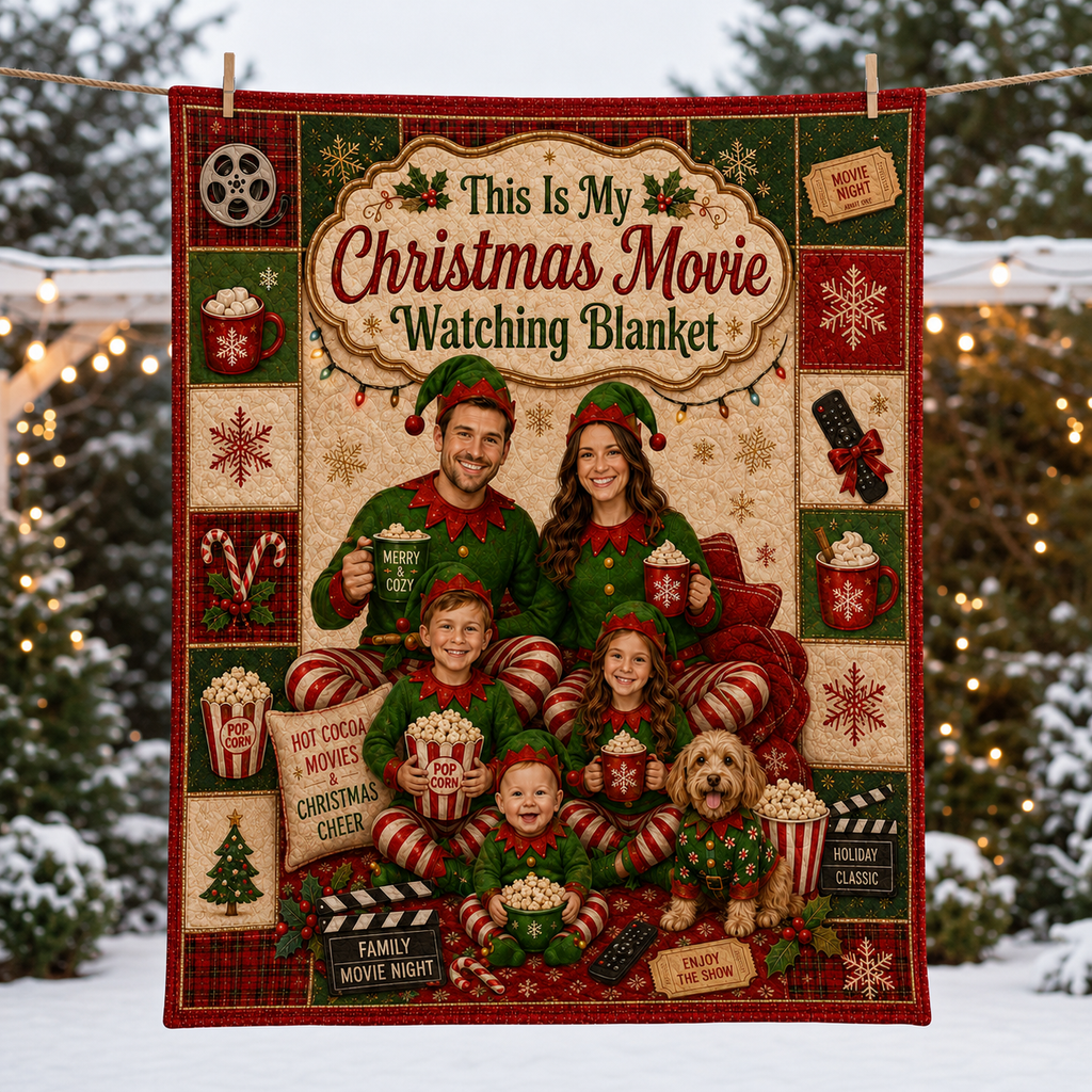 red and green plaid christmas movie blanket hanging on a clothesline outdoors