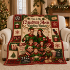 plaid fleece blanket with elf pajama family design draped over a beige