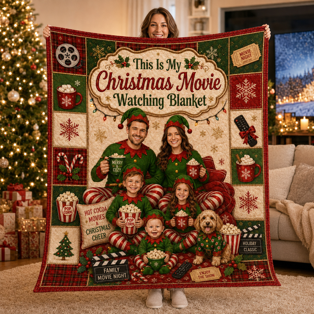 family christmas movie watching blanket with popcorn and cocoa design held up