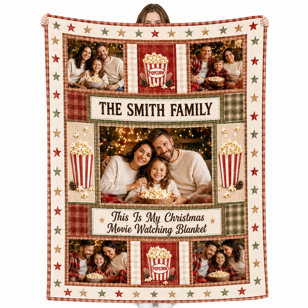 custom family photo christmas movie watching blanket with popcorn and plaid