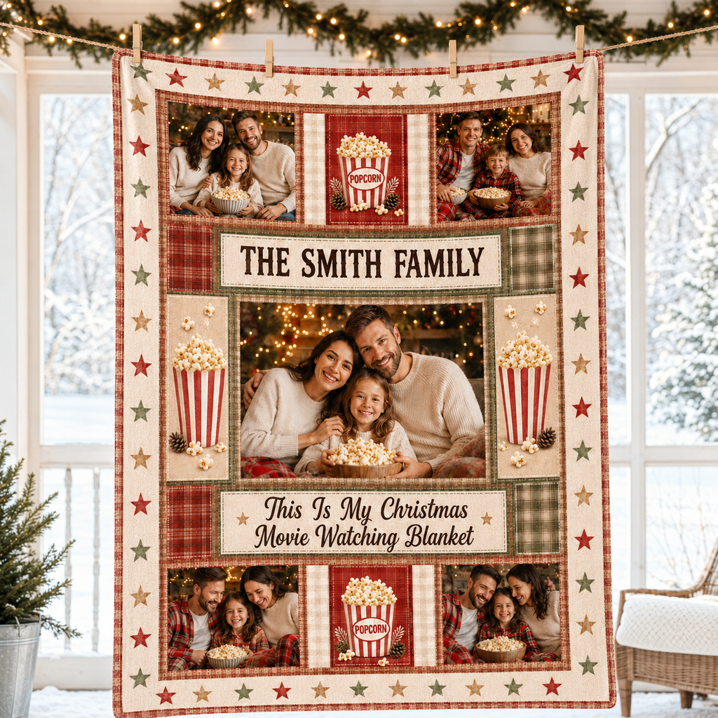 plaid christmas blanket with family photo slots hanging on a line