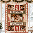 plaid christmas blanket with family photo slots hanging on a line