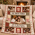 personalized fleece blanket draped over a couch by a christmas tree