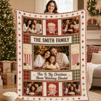 woman holding a custom family photo popcorn blanket in a cozy living