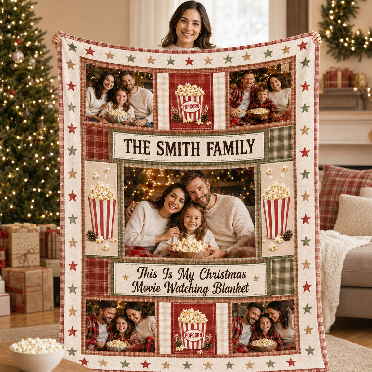 woman holding a custom family photo popcorn blanket in a cozy living