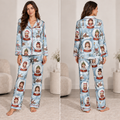 custom christmas photo satin pajamas set with snow globe print on model