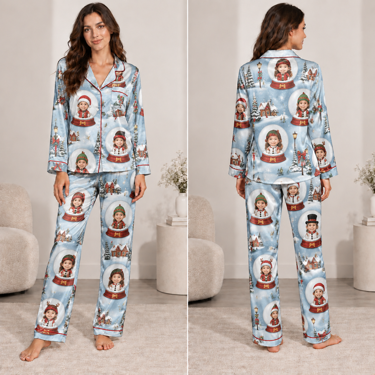custom christmas photo satin pajamas set with snow globe print on model