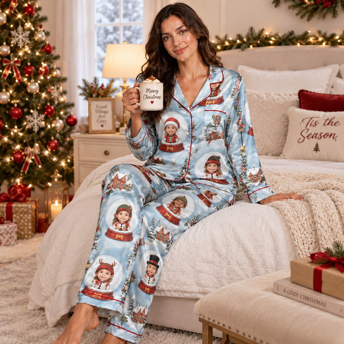 back view of women wearing christmas photo snow globe satin pajamas