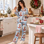 woman reading book by fireplace in personalized christmas satin pajamas
