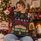woman posing in a cozy living room wearing a sublimation ugly christmas
