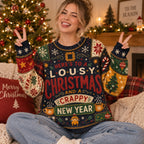 woman flashing peace signs in a funny xmas jumper printed edge to
