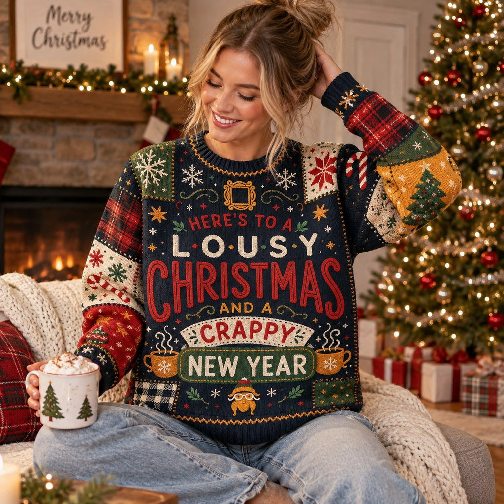 Christmas Vacation Here's to a Lousy Christmas and a Crappy New Year Ugly Christmas Sweater, Funny Xmas Jumper, Holiday Party Sweater