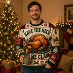 man wearing a National Lampoon's Christmas Vacation ugly Christmas sweater with a