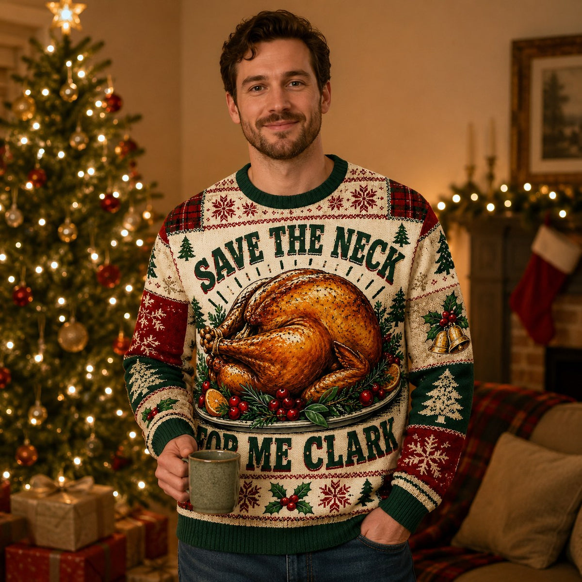 man wearing a National Lampoon's Christmas Vacation ugly Christmas sweater with a