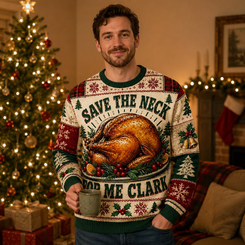 man wearing a National Lampoon's Christmas Vacation ugly Christmas sweater with a
