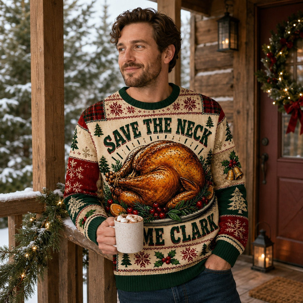 man in a Save The Neck For Me Clark ugly Christmas sweater