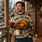man in a Save The Neck For Me Clark ugly Christmas sweater
