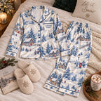 flat lay snowy winter village satin pajamas with a custom name on the chest