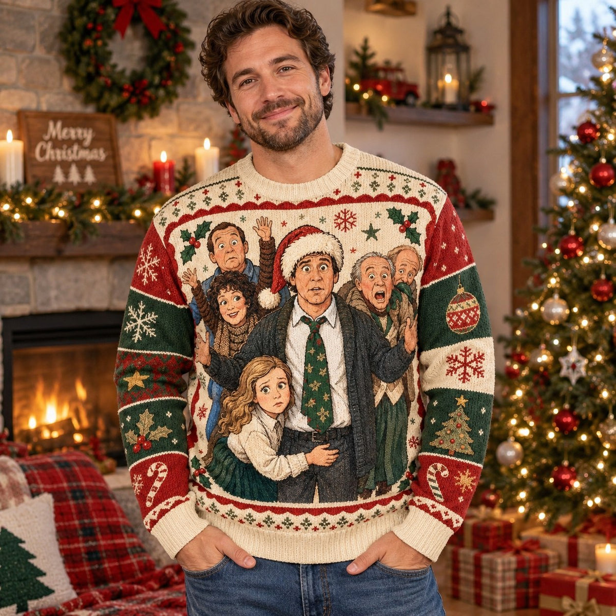 man wearing a clark griswold christmas vacation ugly christmas sweater in a