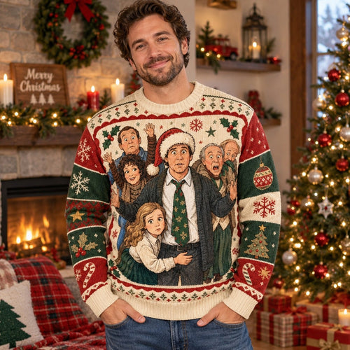 man wearing a clark griswold christmas vacation ugly christmas sweater in a